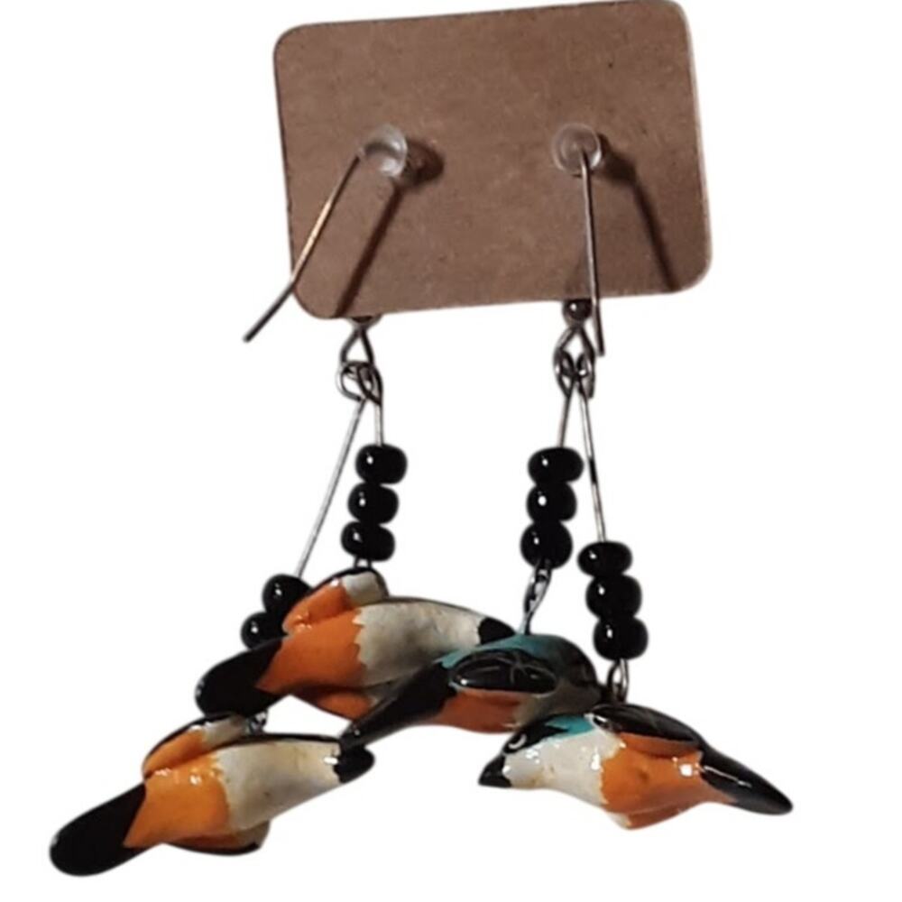 Artisan Orange Blue Bird HANDMADE Earrings Black Seed Beads Dangle French wire